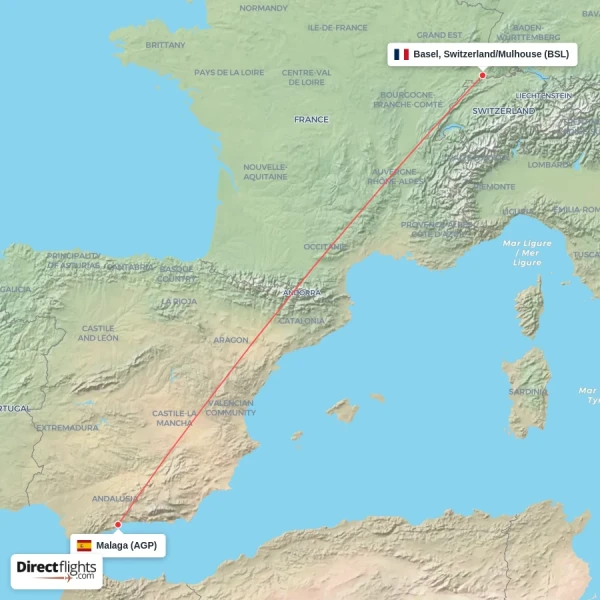 Basel, Switzerland/Mulhouse - Malaga direct flight map