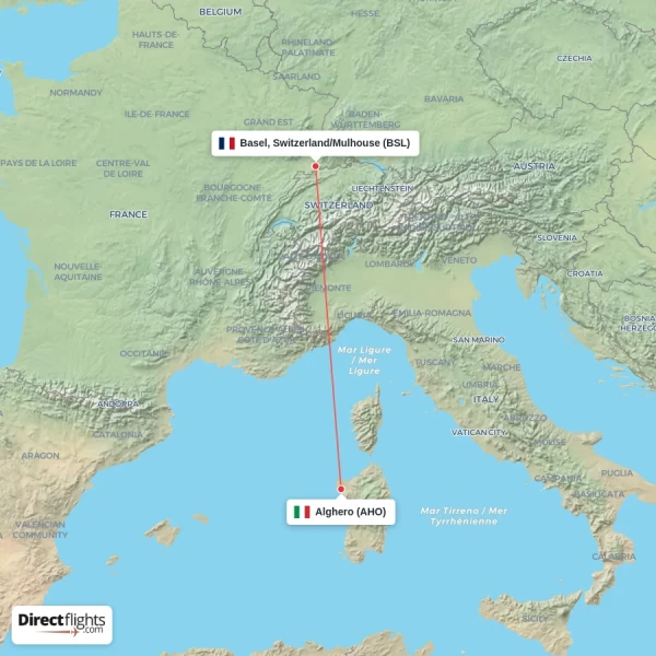 Basel, Switzerland/Mulhouse - Alghero direct flight map