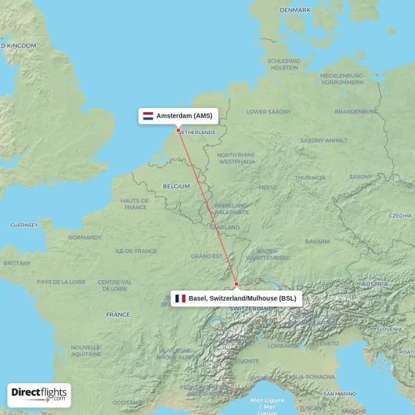 Basel, Switzerland/Mulhouse - Amsterdam direct flight map