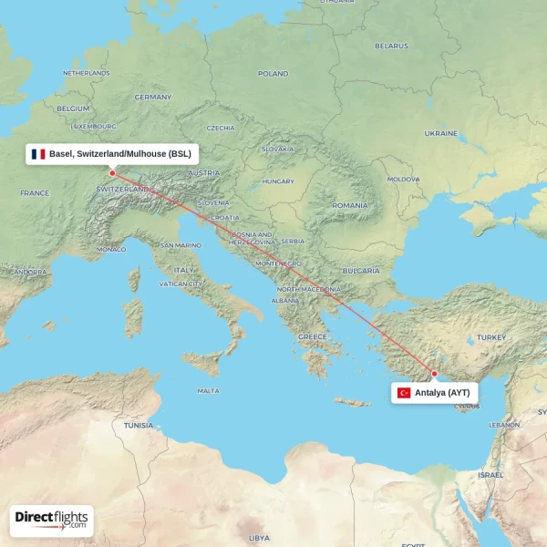 Basel, Switzerland/Mulhouse - Antalya direct flight map