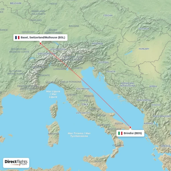 Basel, Switzerland/Mulhouse - Brindisi direct flight map