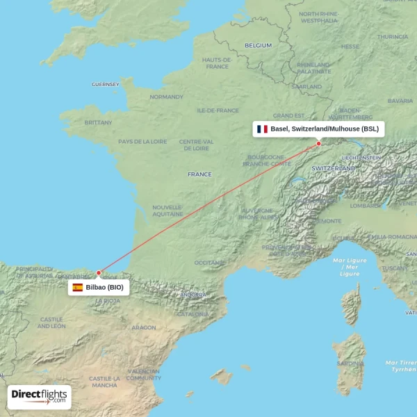 Basel, Switzerland/Mulhouse - Bilbao direct flight map