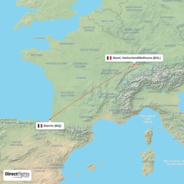 Basel, Switzerland/Mulhouse - Biarritz direct flight map