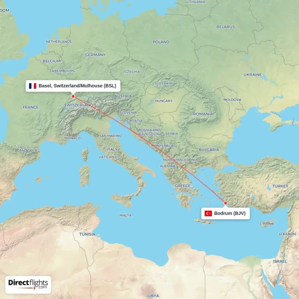 Basel, Switzerland/Mulhouse - Bodrum direct flight map