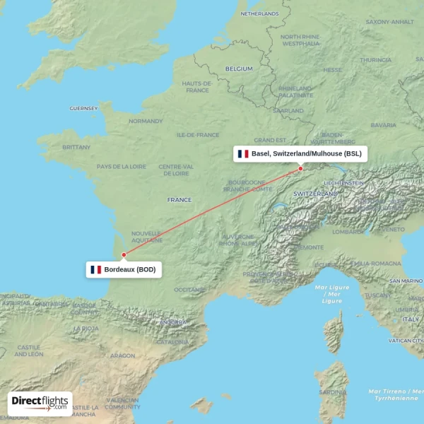 Basel, Switzerland/Mulhouse - Bordeaux direct flight map