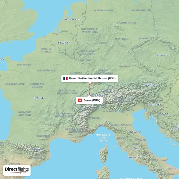Basel, Switzerland/Mulhouse - Berne direct flight map