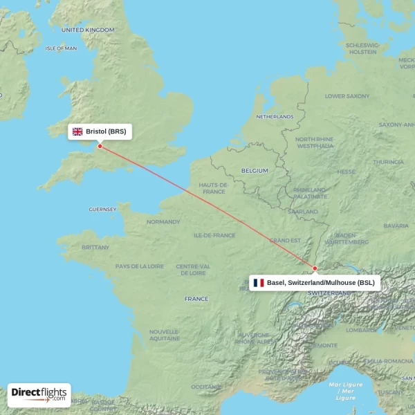 Basel, Switzerland/Mulhouse - Bristol direct flight map