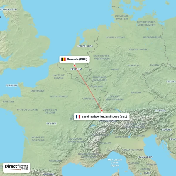 Basel, Switzerland/Mulhouse - Brussels direct flight map