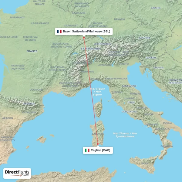 Basel, Switzerland/Mulhouse - Cagliari direct flight map