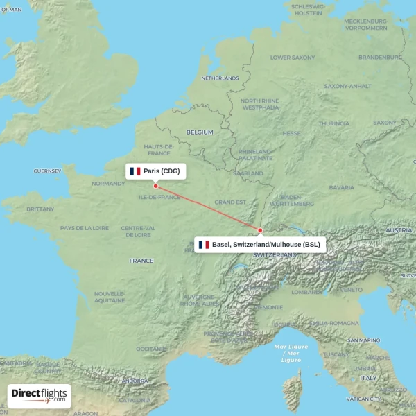 Basel, Switzerland/Mulhouse - Paris direct flight map