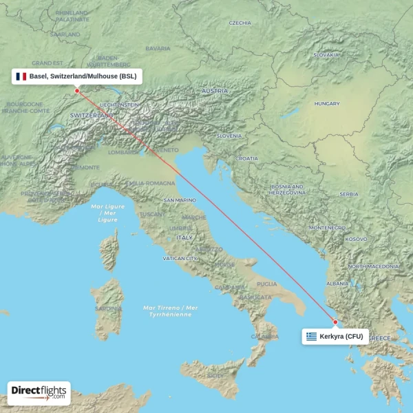Basel, Switzerland/Mulhouse - Kerkyra direct flight map