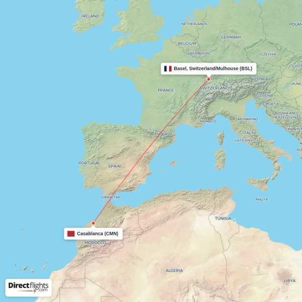 Basel, Switzerland/Mulhouse - Casablanca direct flight map