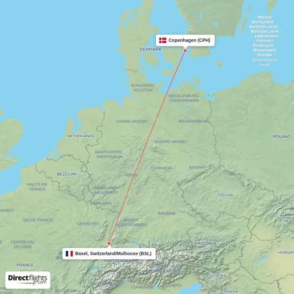 Basel, Switzerland/Mulhouse - Copenhagen direct flight map