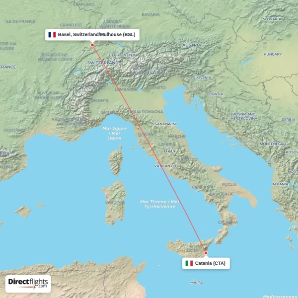 Basel, Switzerland/Mulhouse - Catania direct flight map