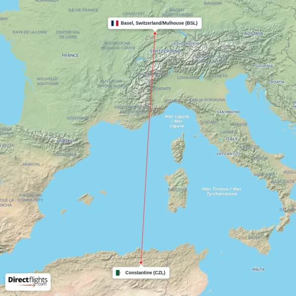 Basel, Switzerland/Mulhouse - Constantine direct flight map
