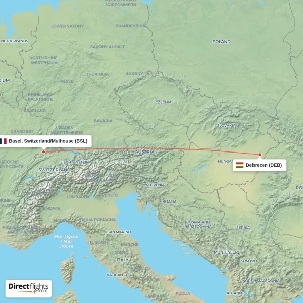 Basel, Switzerland/Mulhouse - Debrecen direct flight map