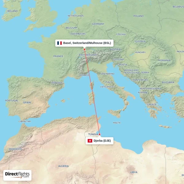 Basel, Switzerland/Mulhouse - Djerba direct flight map