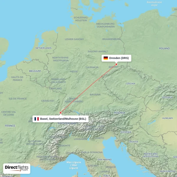 Basel, Switzerland/Mulhouse - Dresden direct flight map