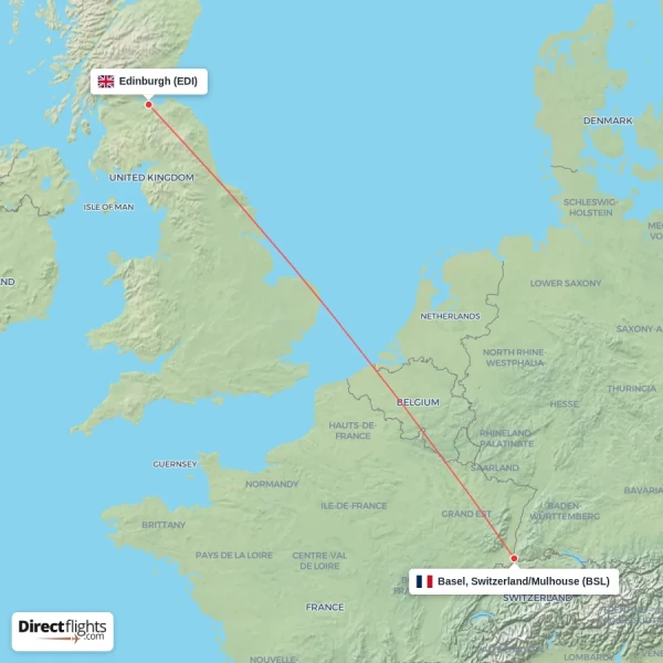 Basel, Switzerland/Mulhouse - Edinburgh direct flight map