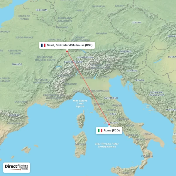 Basel, Switzerland/Mulhouse - Rome direct flight map