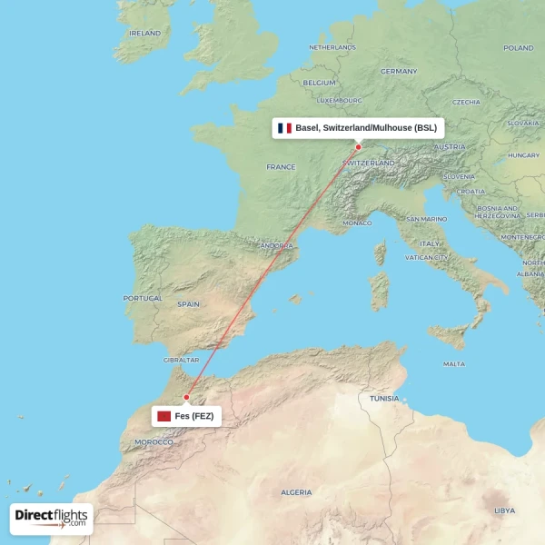 Basel, Switzerland/Mulhouse - Fes direct flight map