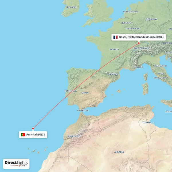 Basel, Switzerland/Mulhouse - Funchal direct flight map