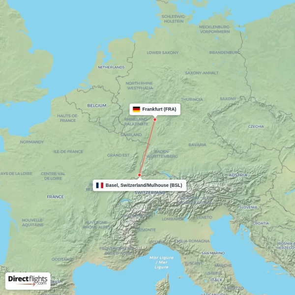 Basel, Switzerland/Mulhouse - Frankfurt direct flight map