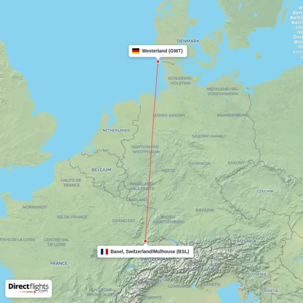 Basel, Switzerland/Mulhouse - Westerland direct flight map