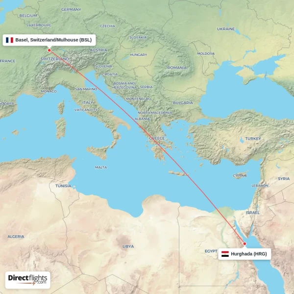 Basel, Switzerland/Mulhouse - Hurghada direct flight map