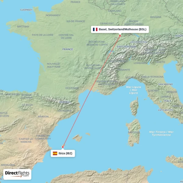 Basel, Switzerland/Mulhouse - Ibiza direct flight map