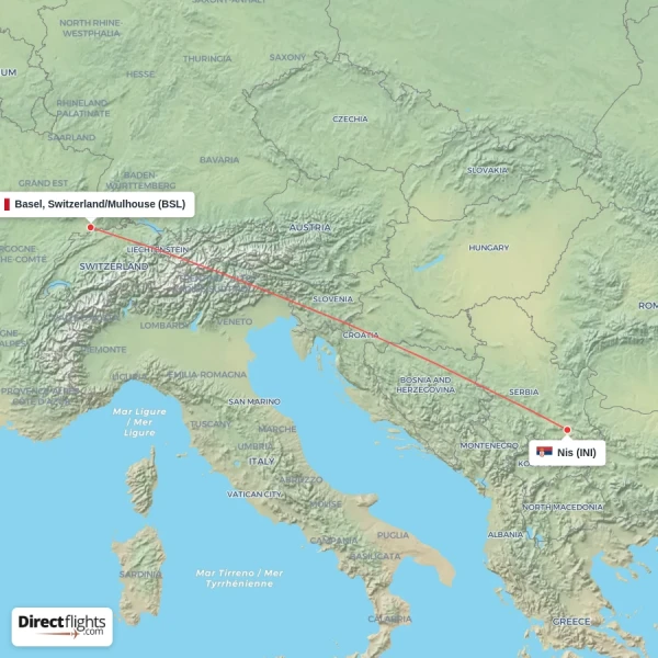 Basel, Switzerland/Mulhouse - Nis direct flight map