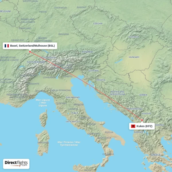 Basel, Switzerland/Mulhouse - Kukes direct flight map