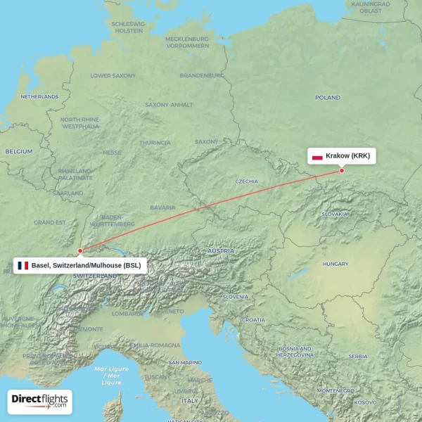 Basel, Switzerland/Mulhouse - Krakow direct flight map
