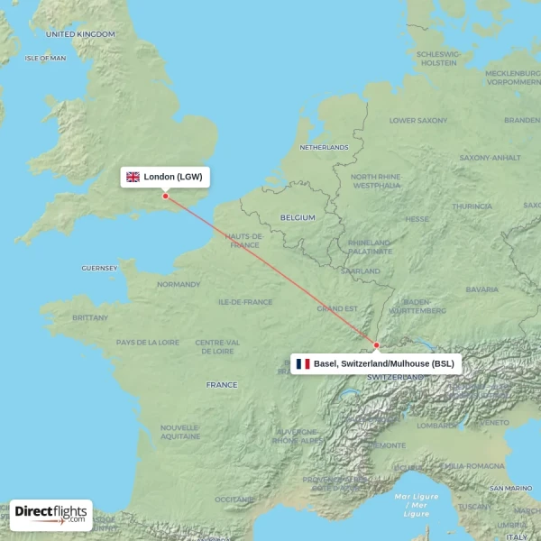 Basel, Switzerland/Mulhouse - London direct flight map