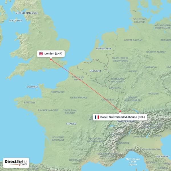 Basel, Switzerland/Mulhouse - London direct flight map