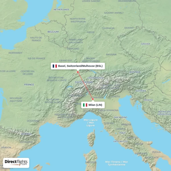 Basel, Switzerland/Mulhouse - Milan direct flight map