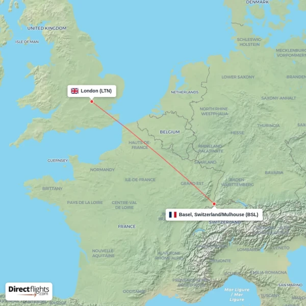 Basel, Switzerland/Mulhouse - London direct flight map