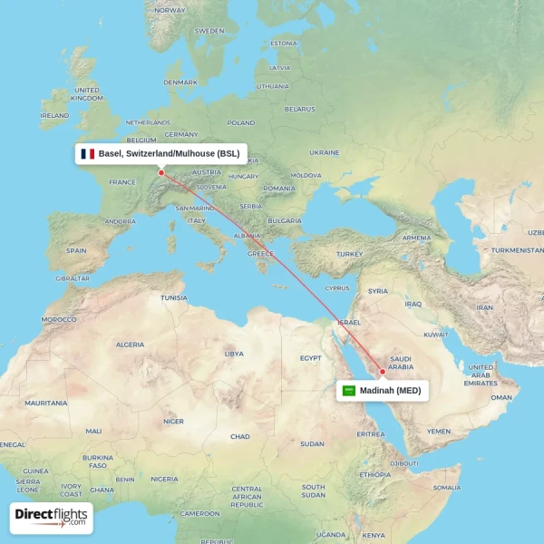 Basel, Switzerland/Mulhouse - Madinah direct flight map