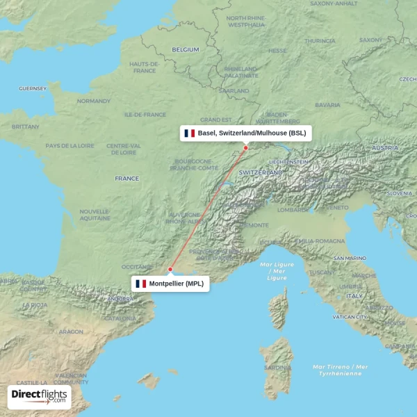 Basel, Switzerland/Mulhouse - Montpellier direct flight map