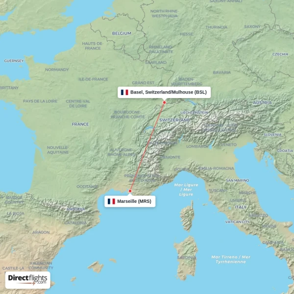 Basel, Switzerland/Mulhouse - Marseille direct flight map