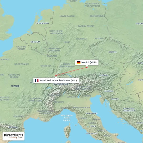 Basel, Switzerland/Mulhouse - Munich direct flight map