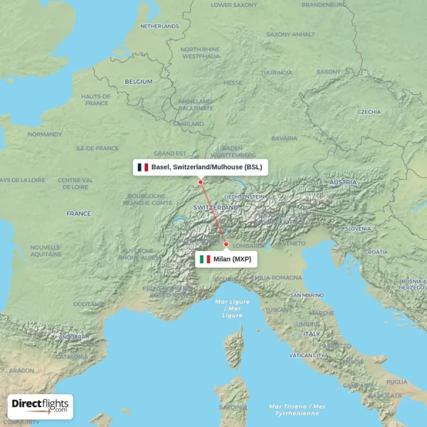Basel, Switzerland/Mulhouse - Milan direct flight map