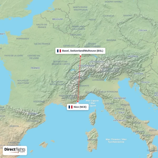 Basel, Switzerland/Mulhouse - Nice direct flight map