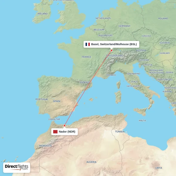 Basel, Switzerland/Mulhouse - Nador direct flight map