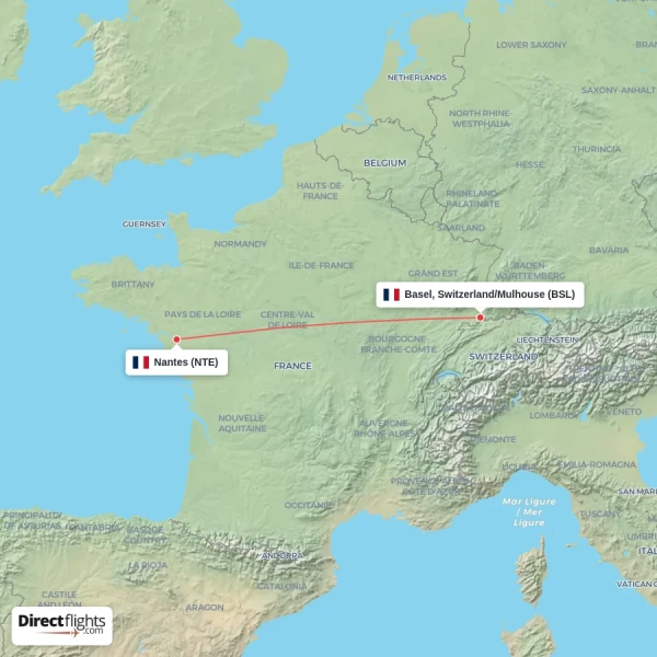 Basel, Switzerland/Mulhouse - Nantes direct flight map