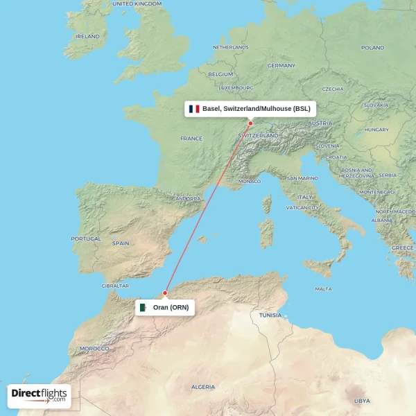 Basel, Switzerland/Mulhouse - Oran direct flight map
