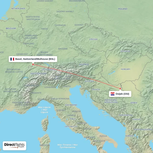 Basel, Switzerland/Mulhouse - Osijek direct flight map