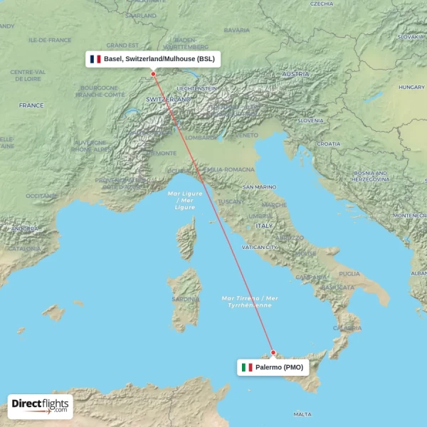 Basel, Switzerland/Mulhouse - Palermo direct flight map