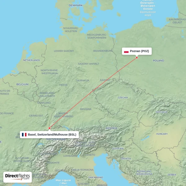 Basel, Switzerland/Mulhouse - Poznan direct flight map