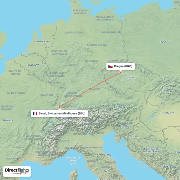 Basel, Switzerland/Mulhouse - Prague direct flight map